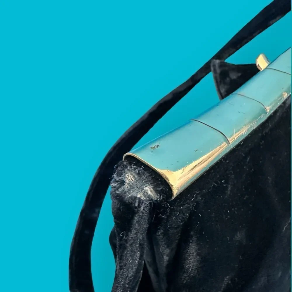 Vintage Velvet Handbag Black Silk Gold Pentagon Box Purse Art Deco